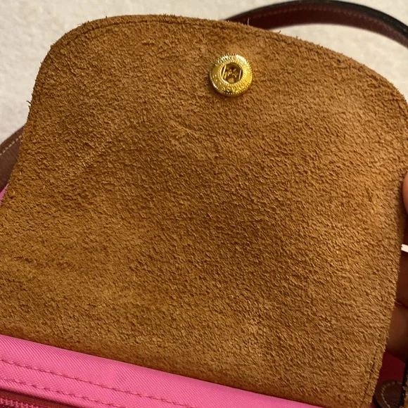 Longchamp Le Pliage small long strap #2605 pink nylon leather tote satchel purse - Picture 8 of 13